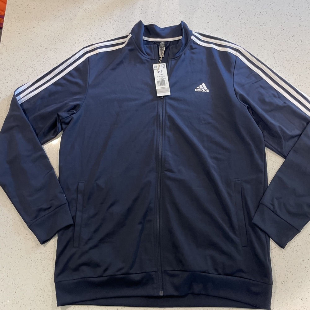 Adidas Logo White Stripes Men's Full Zip Navy Jacket‎ Size XLT with Pockets NWT